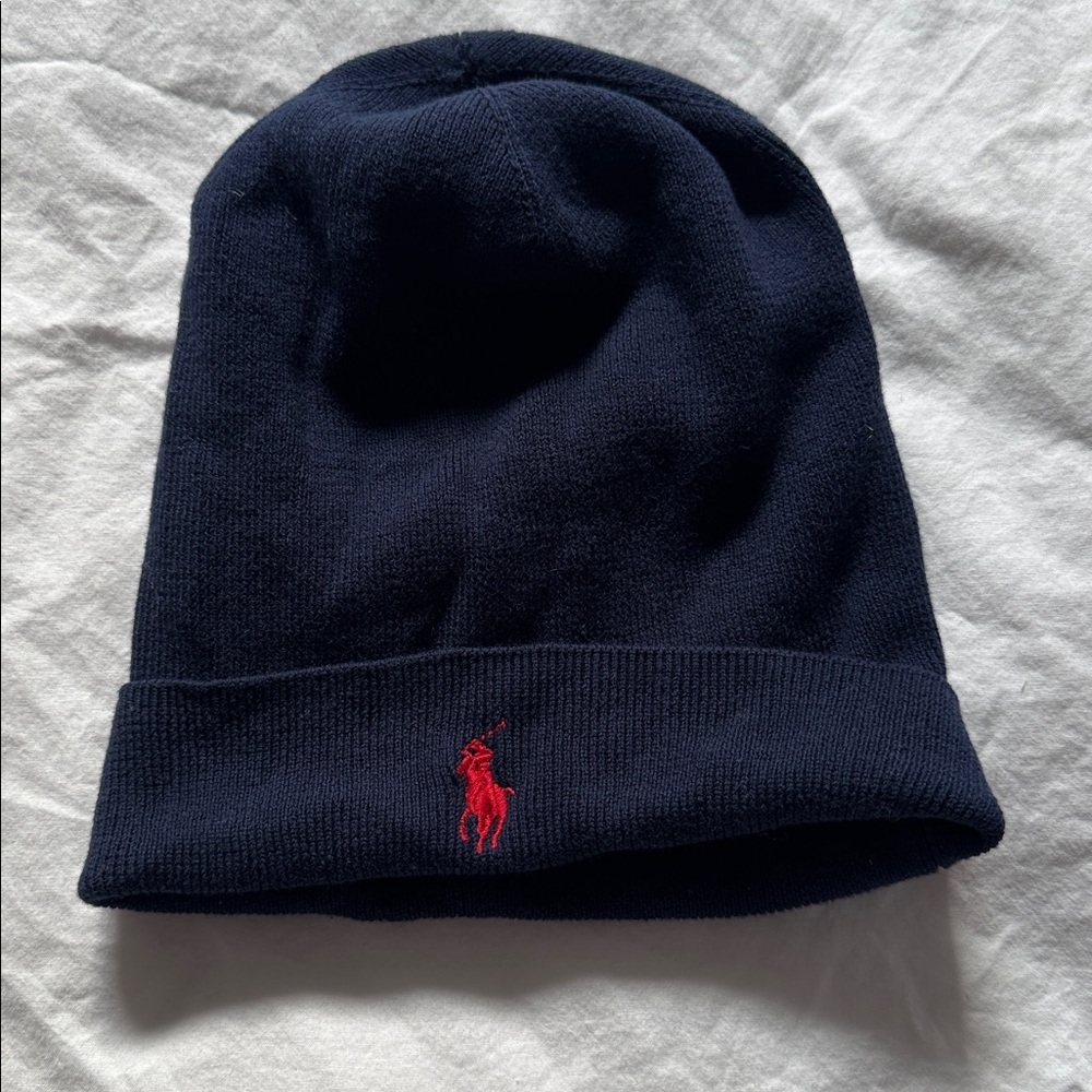 Polo by Ralph Lauren Dark Blue Beanie with Red Emblem - Picture 3 of 4